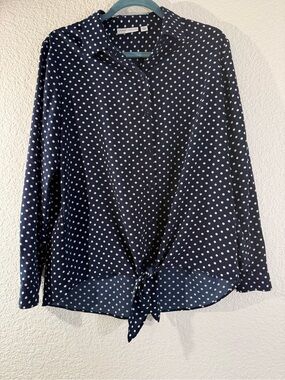Susan Graver Navy Blue White Polka Dot Tie Front Button Down Blouse Shirt Size 6